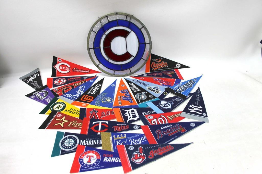 Chicago Cubs Stained Glass Logo and Many Mini Pennants: Chicago Cubs Stained Glass Logo and Many Mini Pennants - Pennants are about 10" long, Cubs Glass is around 12" in Diameter