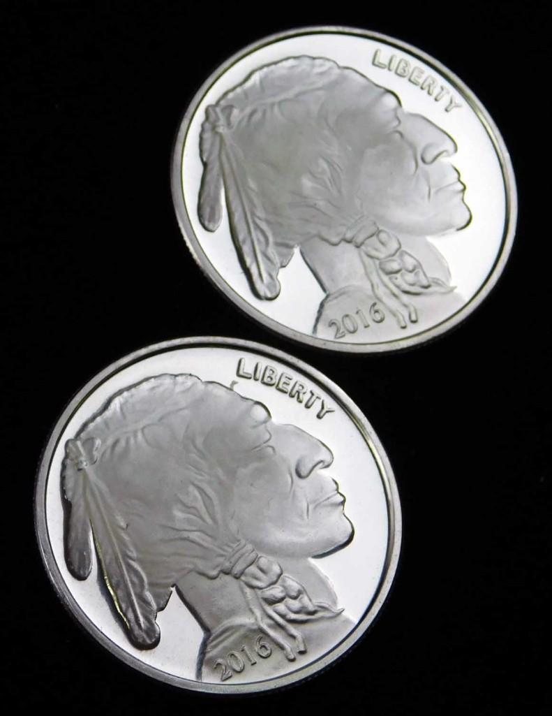 2 BU 2016 Indian Head Buffalo Silver Rounds 1 oz ea (1 of 2)