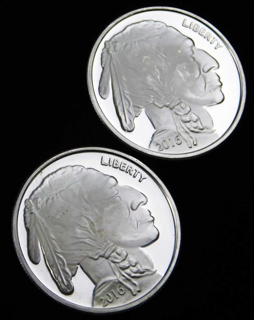 2 BU 2016 Indian Head Buffalo Silver Rounds 1 oz ea (1 of 2)