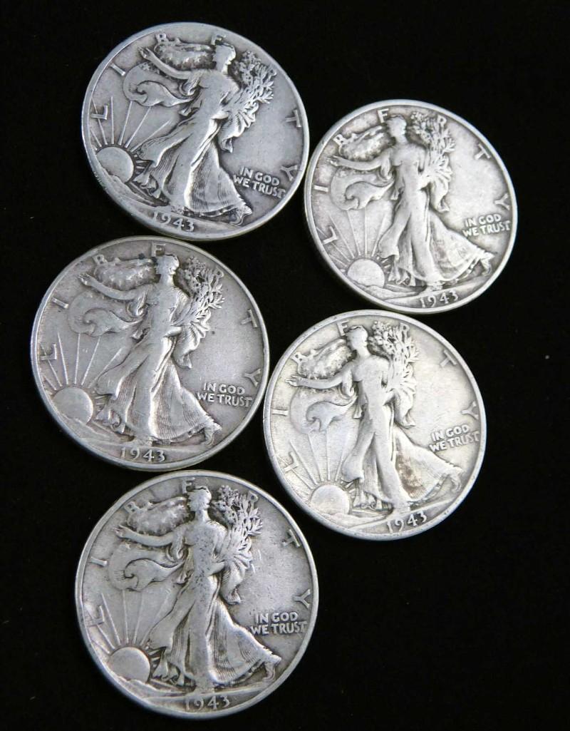 5 Walking Liberty Half Dollars 90% Silver (1 of 2)