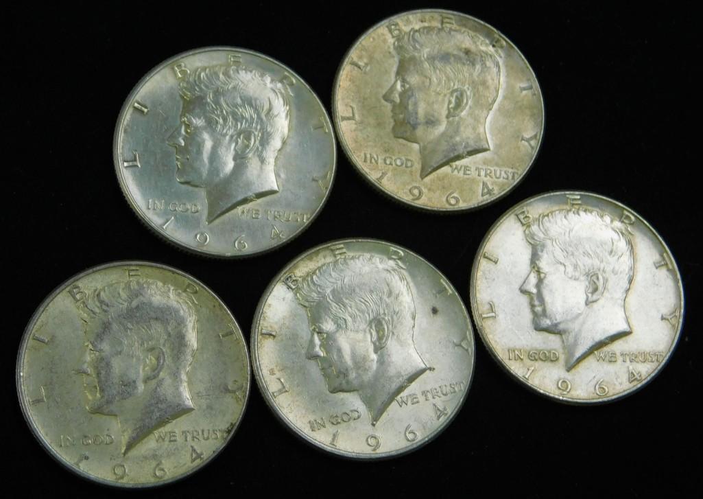 5 Nice 1964 Kennedy Half Dollars 90% Silver (1 of 2)
