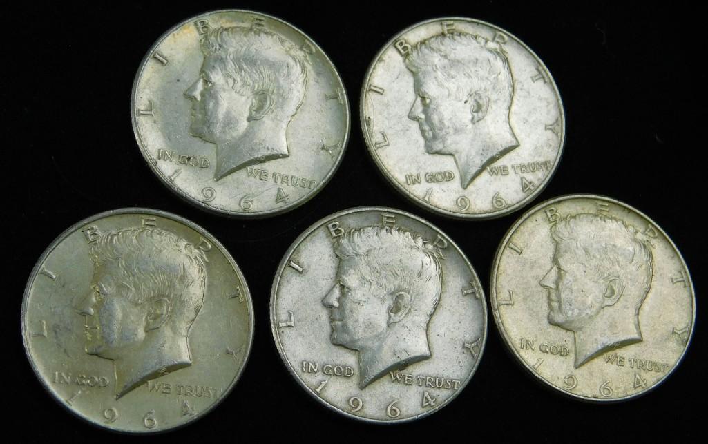 5 Nice 1964 Kennedy Half Dollars 90% Silver (1 of 2)
