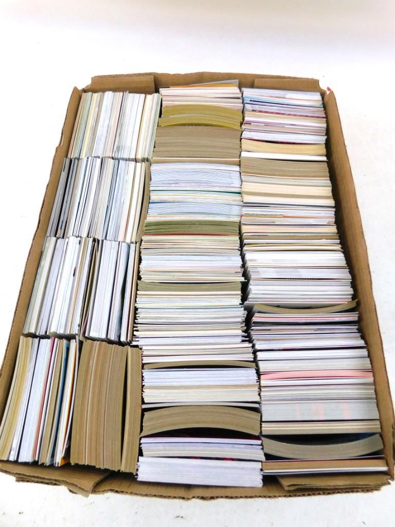 Box Flat full of sports cards: Box Flat full of sports cards - looks to have baseball, basketball, football and hockey, may have others - Random cards were pulled and shown in the second picture to show the variety