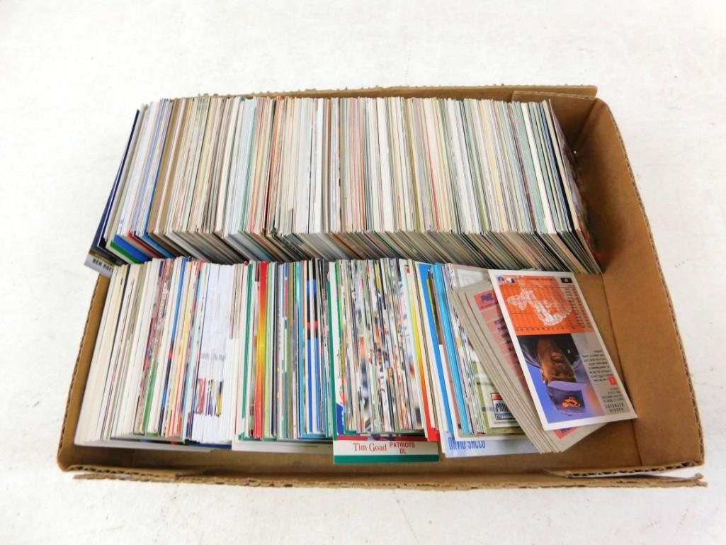 Box Flat full of sports cards: Box Flat full of sports cards - looks to have baseball, basketball, football and hockey, may have others - Random cards were pulled and shown in the second picture to show the variety