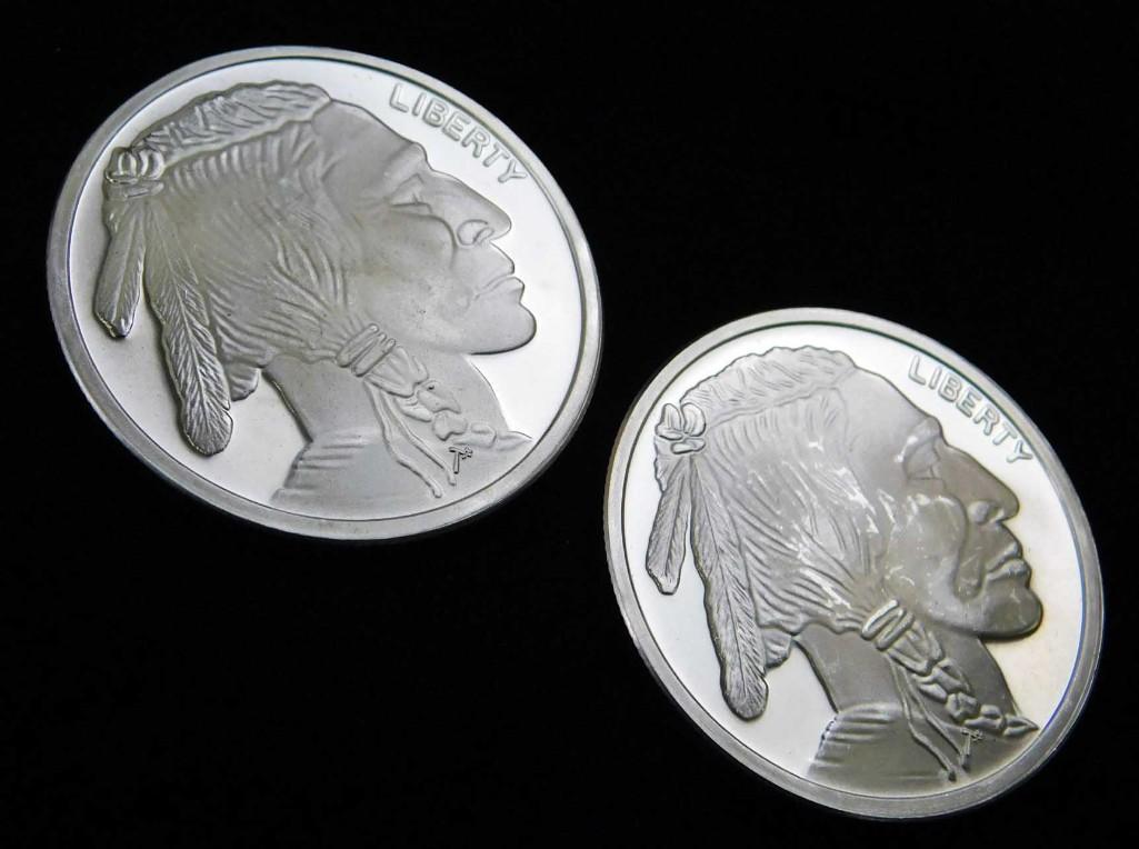 2 BU Indian Head Buffalo Silver Rounds 1 oz each (1 of 2)