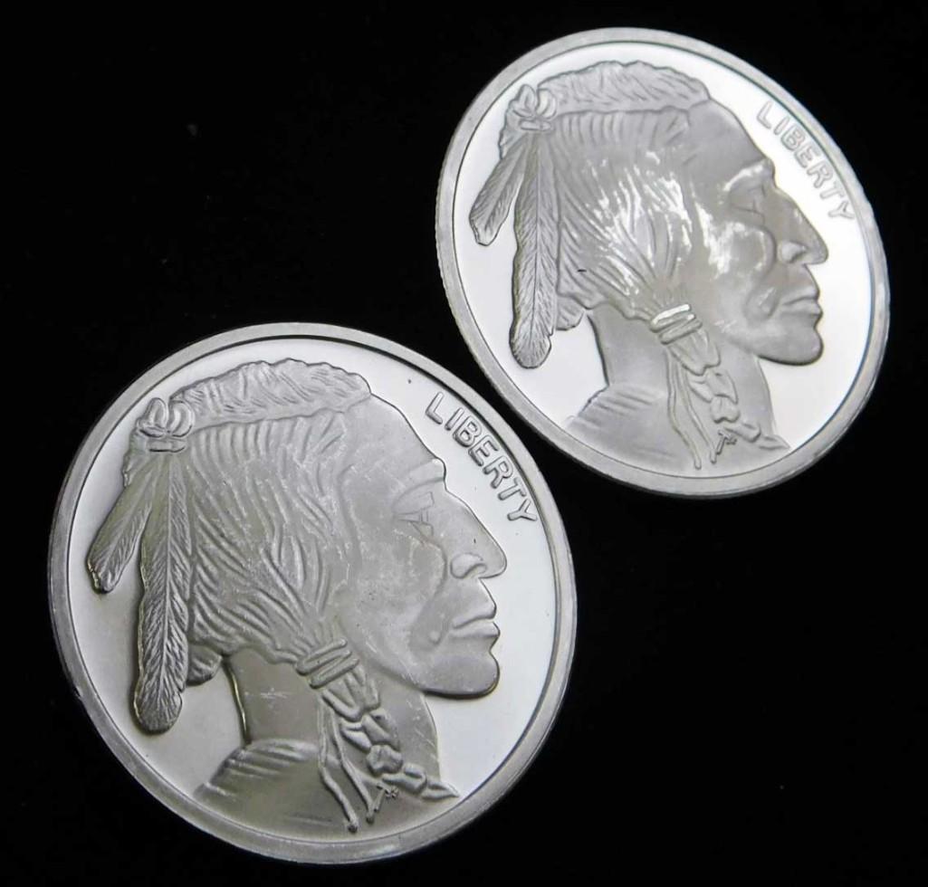 2 BU Indian Head Buffalo Silver Rounds 1 oz each (1 of 2)