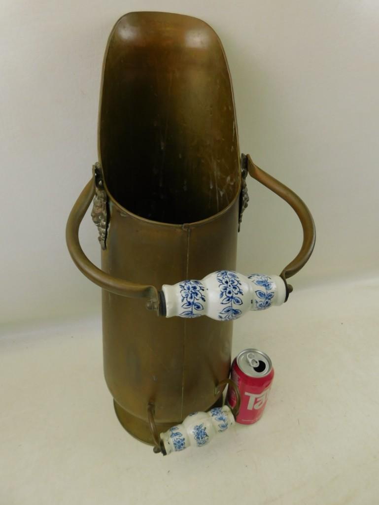 Large Brass Coal Scuttle with Delft Style Handles (1 of 2)