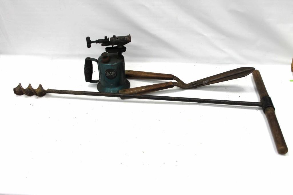 Vintage Auger , Sears Blow Torch , Hedge Trimmer: Vintage Auger , Sears Blow Torch , Hedge Trimmer . Drill it, cut it, burn it lot
