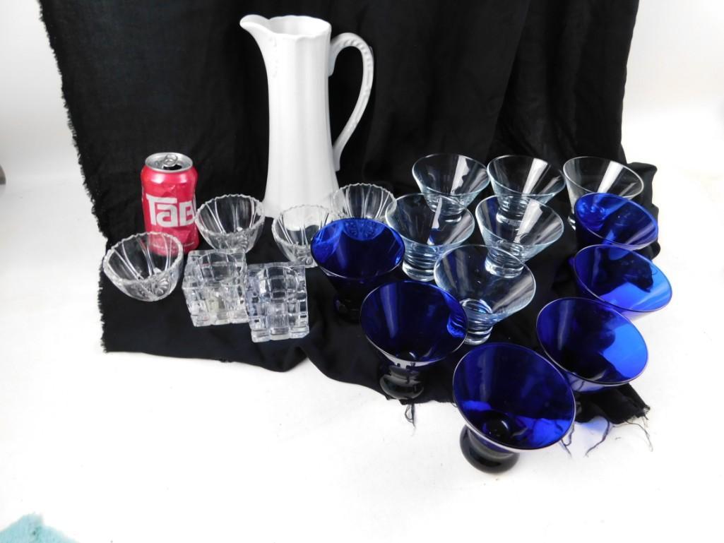 Blue and Clear Martini Type Glasses and a pitcher, and: Blue and Clear Martini Type Glasses and a pitcher, and other goodies. Pitcher is Gerold Porzellan Bavaria Western-Germany