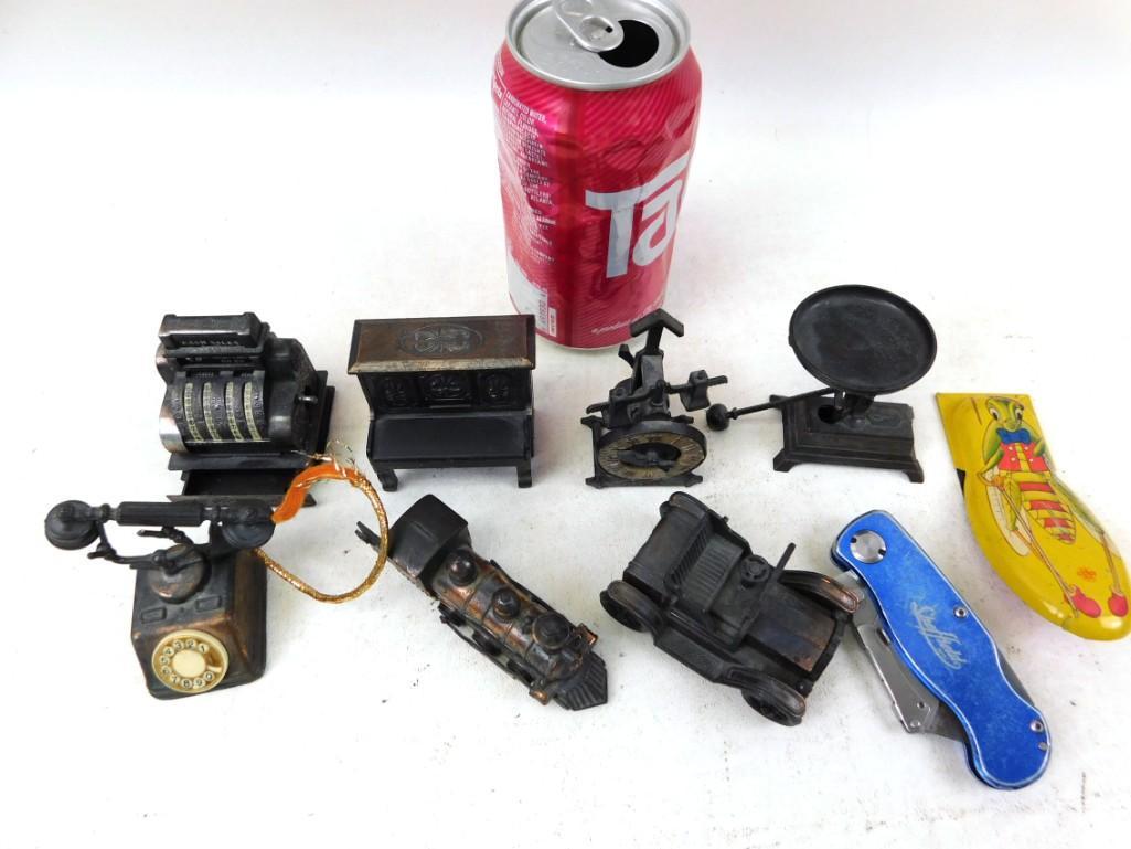 Lot of Mini Cast Iron Toys - Phone, train, register,: Lot of Mini Cast Iron Toys - Phone, train, register, car, also a pocket knife, cricket noise maker etc.