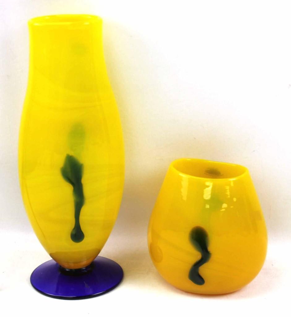 Set of 2 Blenko Yellow and Blue Art Glass Vases (1 of 8)
