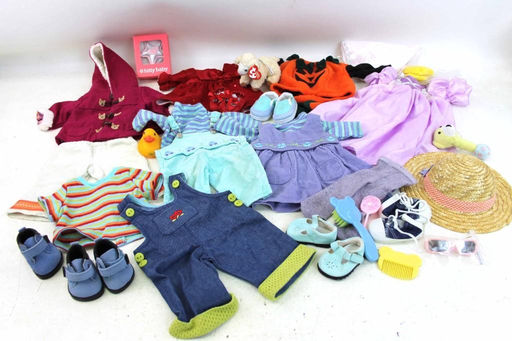 American Girl Bitty Baby and Other Dolls Clothes and: American Girl Bitty Baby and other dolls Clothes and Accessories Lot including Harvest Toggle Jacket Pants, Bitty Baby Twins Play Have Fun Boy and Girl Outfits, retired. Overalls have fading. retired.