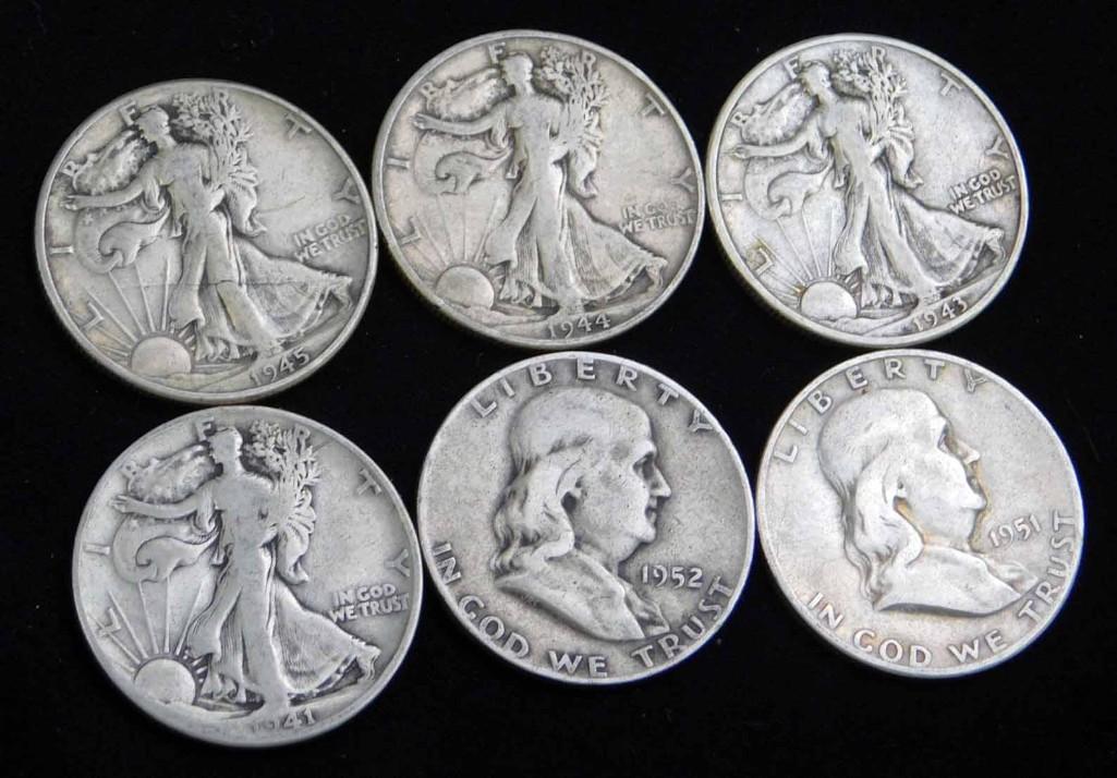 6 Half Dollars incl 4 Walking Liberty and 2 Franklin (1 of 2)