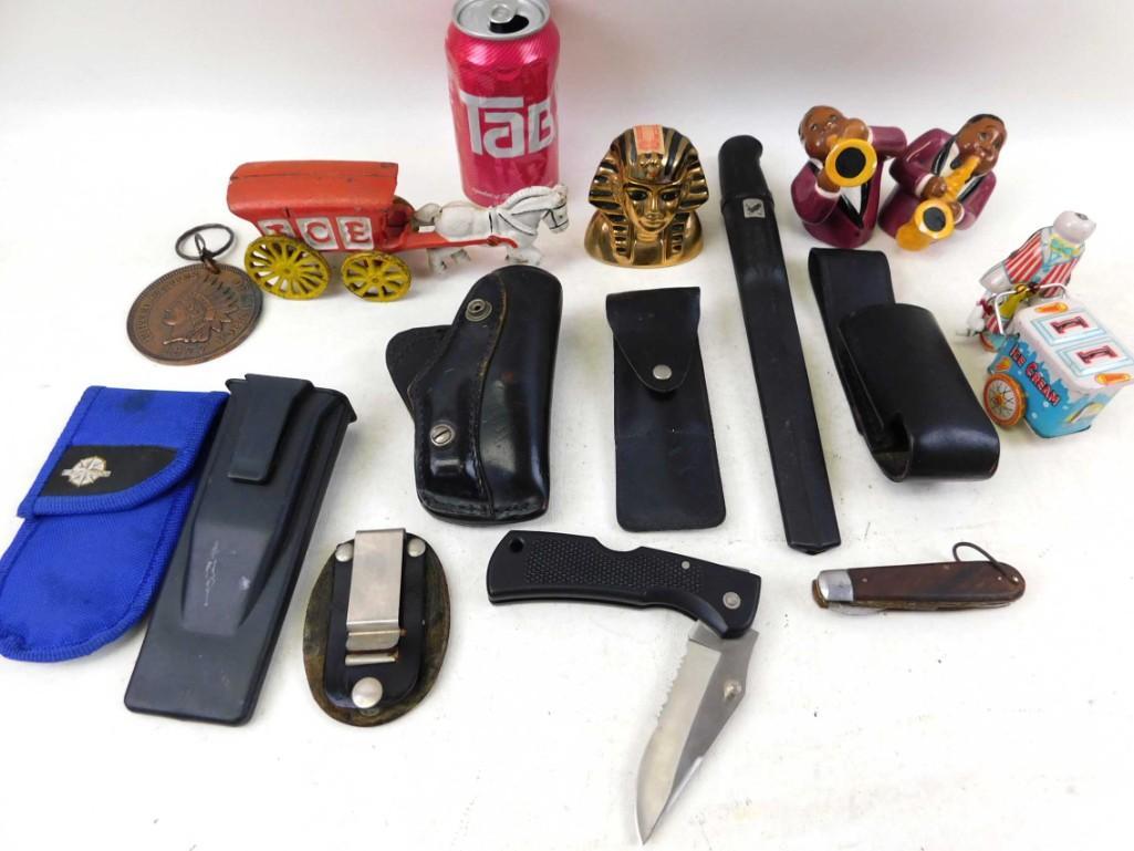 Lot of Smalls incl Pocket Knives , Small Cast Iron Toy: Lot of Smalls incl Pocket Knives , Small Cast Iron Toy , Knife Cases , etc