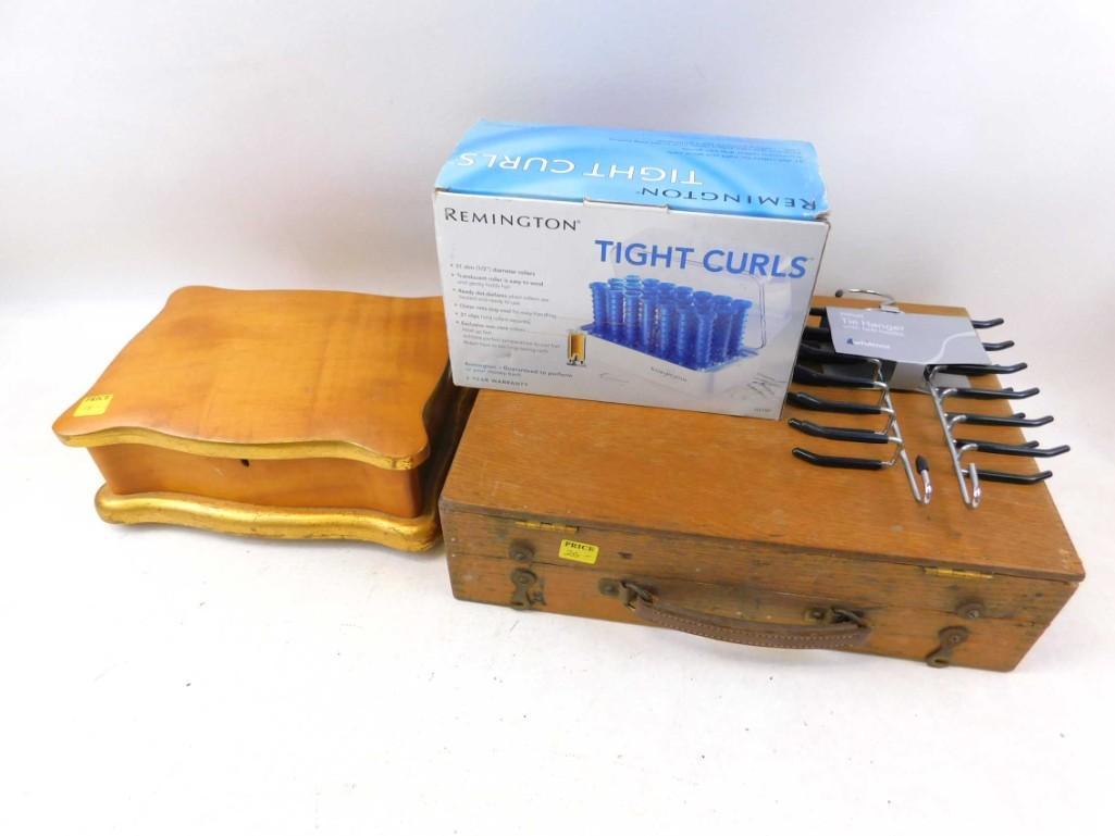 Wooded Jewelry / Silverware boxes, Hair Curlers, and a: Wooded Jewelry / Silverware boxes, Hair Curlers, and a tie hanger