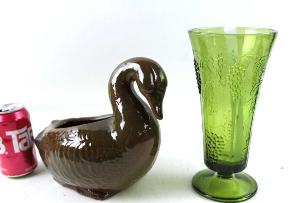 Brown Ceramic Goose Planter and a Green Glass Footed (1 of 3)