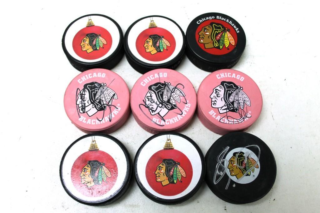 Lot of 9 Hockey Pucks , Unknown Signatures , NO COAs: Lot of 9 Hockey Pucks , Unknown Signatures , NO COAs Lot C