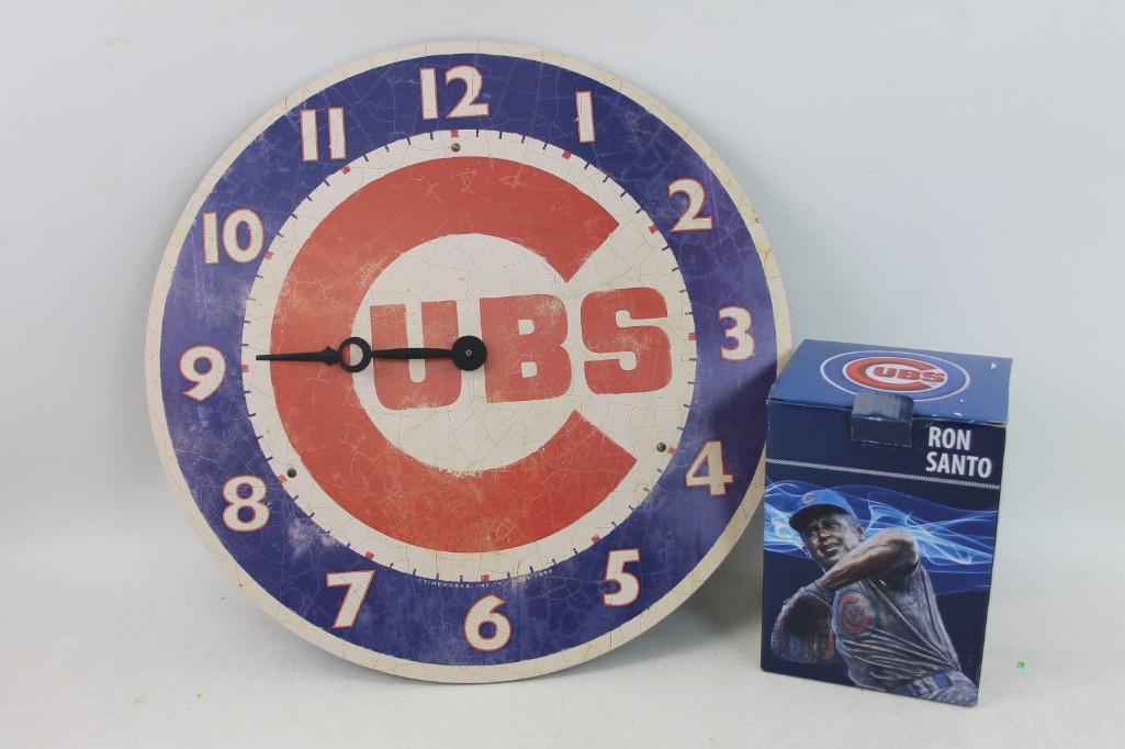 Ron Santo Figurine New in Box and a Cubs Clock missing: Ron Santo Figurine New in Box and a Cubs Clock missing a hand