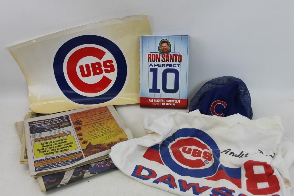 Chicago Cubs Lot - Ron Santo Book, Andre Dawson Shirt, (1 of 8)