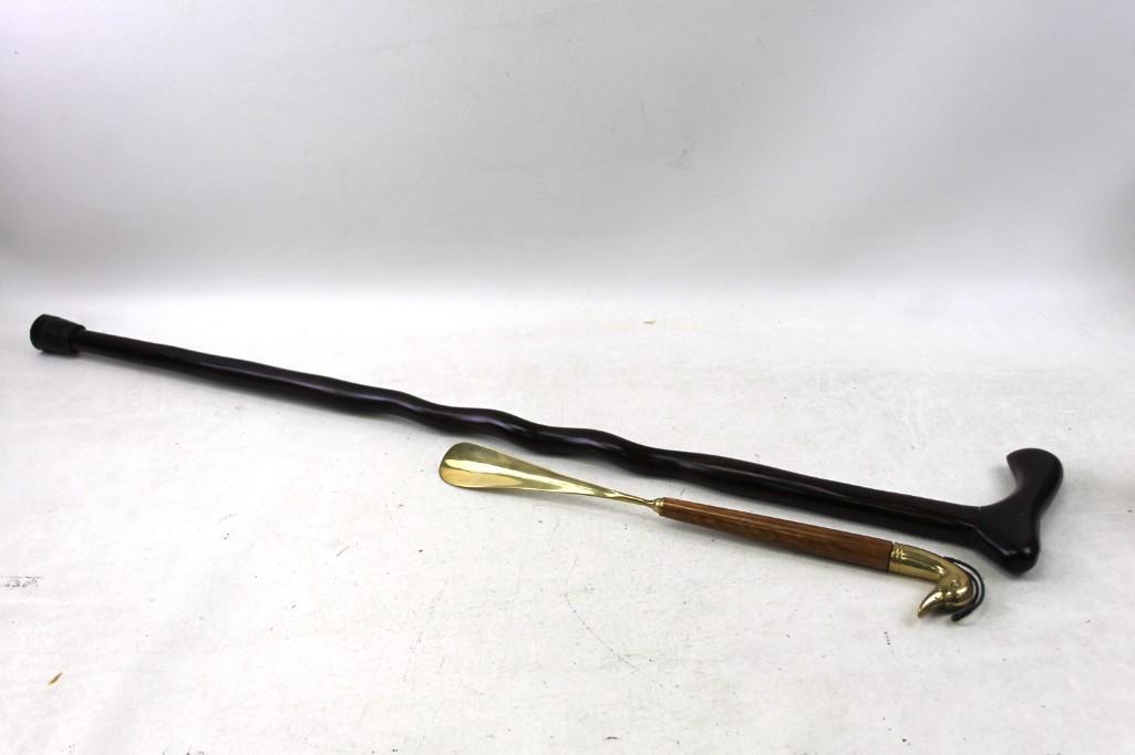 Long Duck Shoe Horn and a Walking Cane: Long Duck Shoe Horn and a Walking Cane