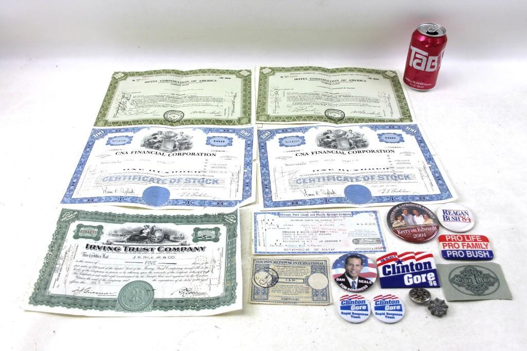 Vintage Ephemera incl Old Stock Certificates ,: Vintage Ephemera incl Old Stock Certificates , Political Buttons , Etc