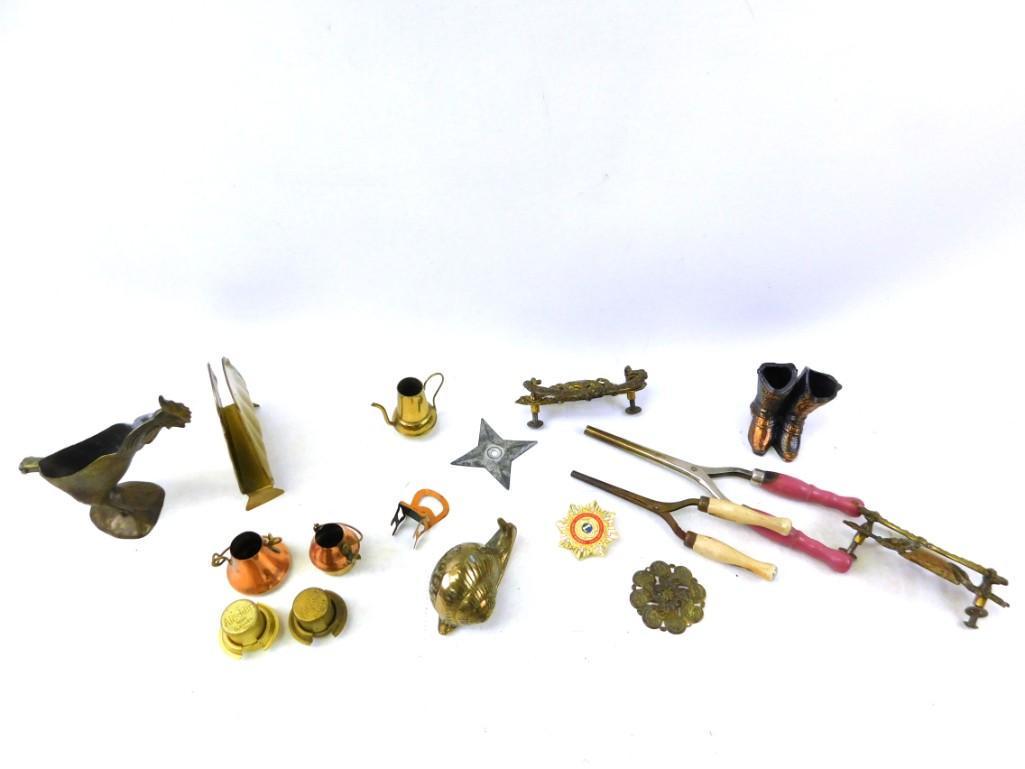Lot of Vintage Smalls incl Brass Snail , Curling Irons: Lot of Vintage Smalls incl Brass Snail , Curling Irons , Napkin Holder , Metal Chicken , etc