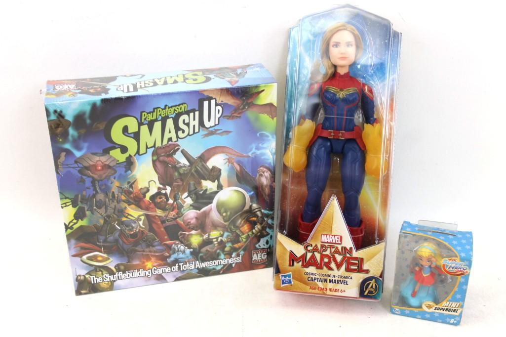 Lot of New in Package Toys incl Smash Up Game , Captain: Lot of New in Package Toys incl Paul Peterson Smash Up Game , Captain Marvel Action Figure , Mini Supergirl Figure