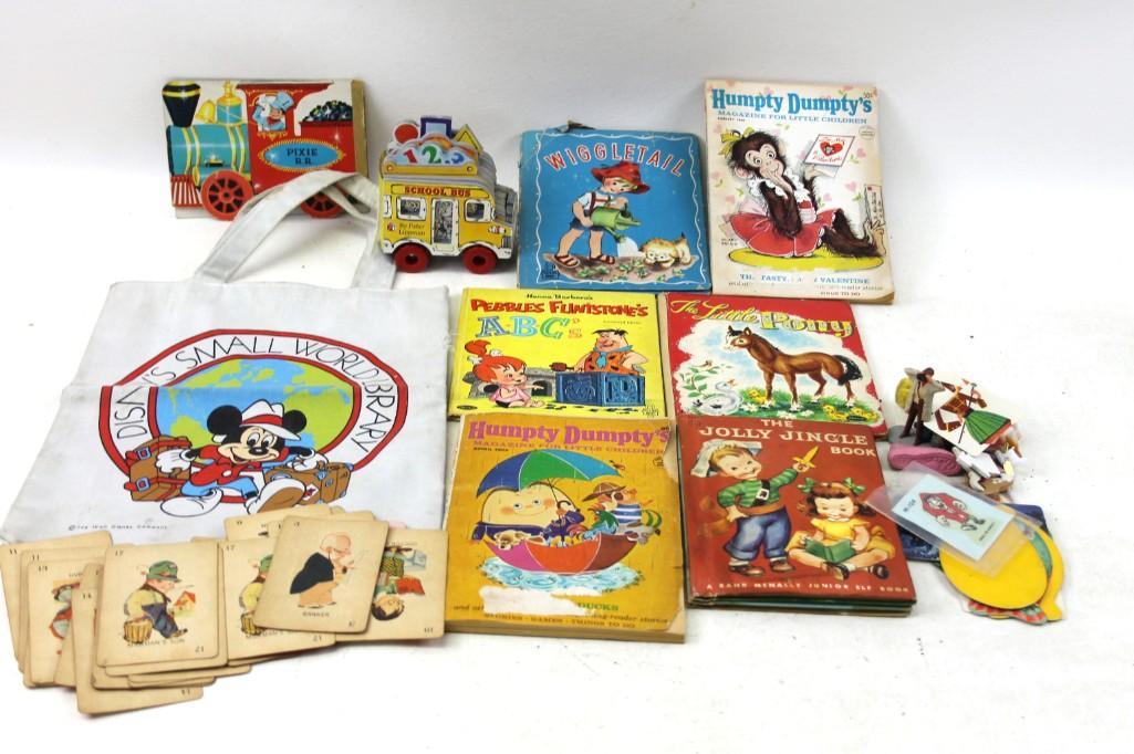 Lot of Vintage Children's Books , Cards , Smalls , Etc: Lot of Vintage Children's Books , Cards , Smalls , Etc . Includes The Jolly Jingle book, The Little Pony , Wiggletail , Pebbles Flintstone's ABC's , etc Condition: used, as is. Some of the