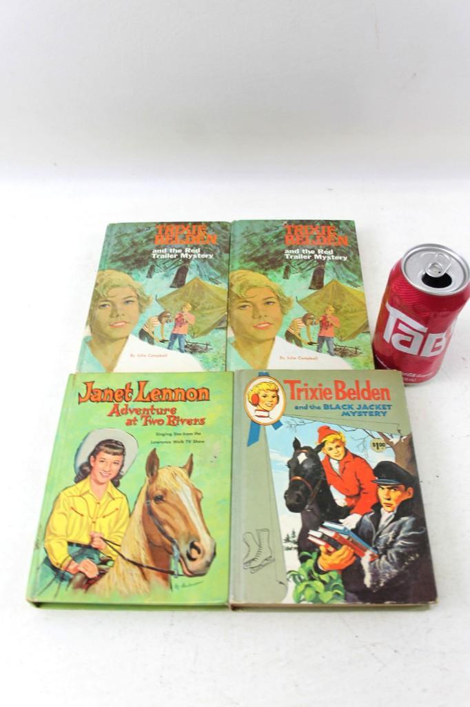 Vintage Books incl 3 Trixie Belden and 1 Janet Lennon: Vintage books incl 2 Trixie Belden and the Red Trailer Mystery , 1 Trixie Belden and the Black Jacket Mystery , and 1 Janet Lennon Adventure at Two Rivers