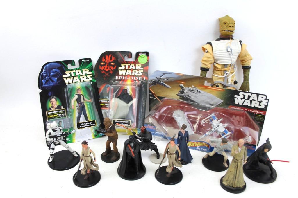 Lot of Star Wars Toys and Collectibles incl Hot Wheels: Lot of Star Wars Toys and Collectibles incl Hot Wheels Die Cast Vehicles , Han Solo Action Figure NIP , Darth Maul Action Figure NIP , etc