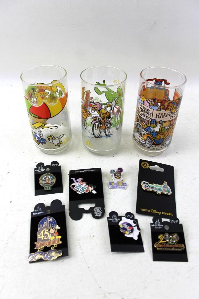 Muppets Drinking Glasses and Disney Pins: Lot of 3 Vintage The Muppets Collectible Water or Drinking Glasses and Disney Pins