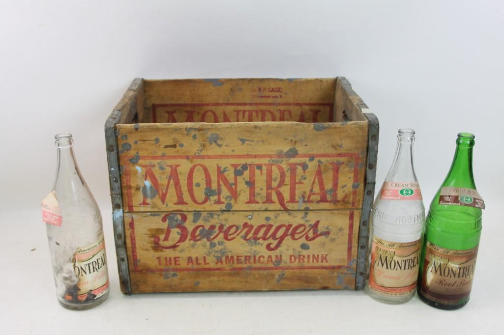 Vintage Montreal Beverages Wooden Crate and 3 Bottles: Vintage Montreal Beverages Wooden Crate and 3 Bottles