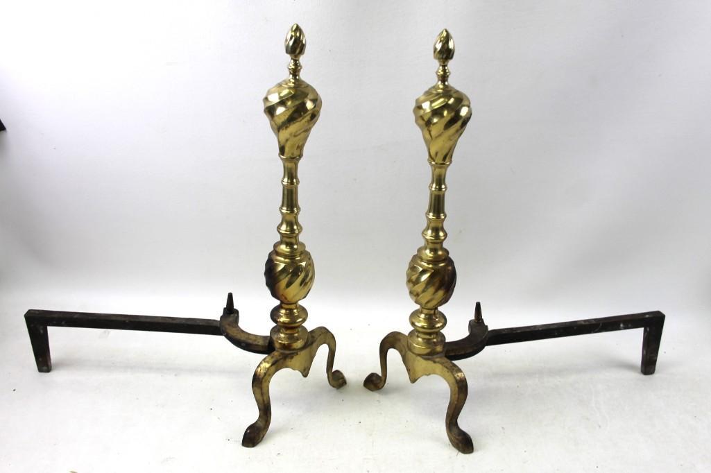 Pair of Fireplace Andirons with Brass Decoration: Pair of Fireplace Andirons with Brass Decoration