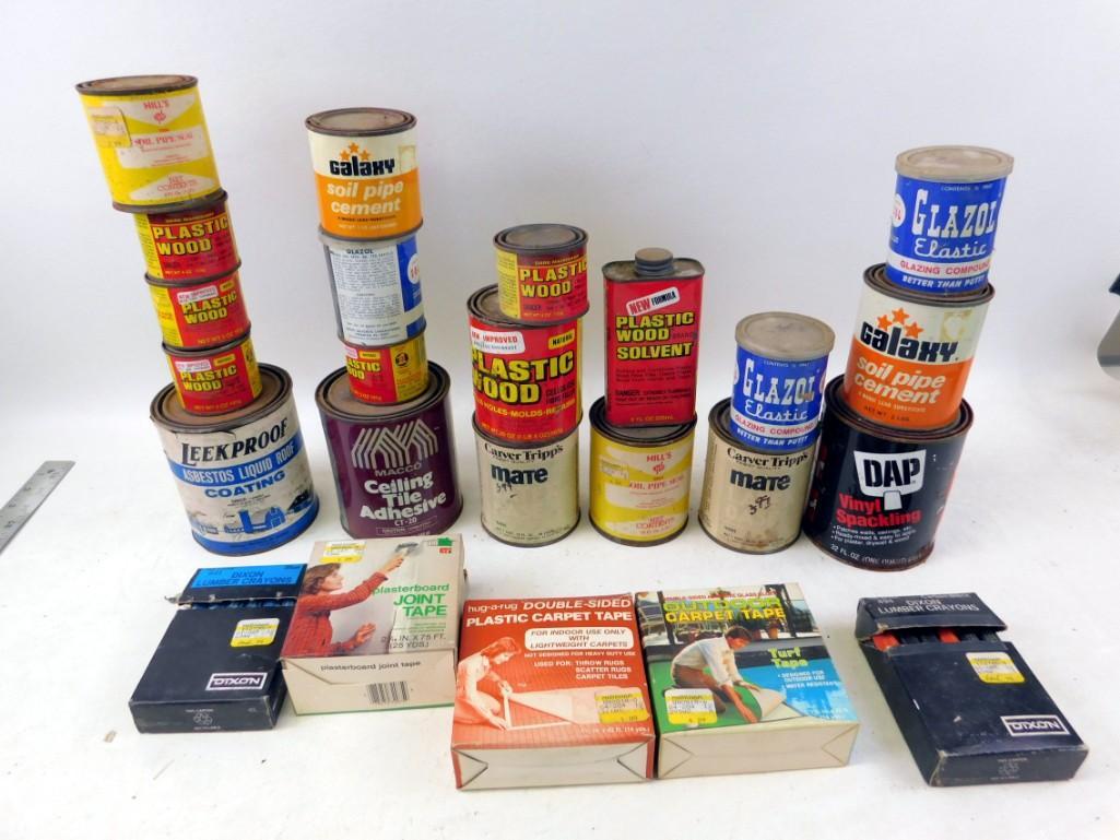 Vintage Garage Cans - some full. Includes Plastic: Vintage Garage Cans - some full. Includes Plastic Wood, Tile Adhesive, etc. also included is joint tape, lumber crayons, carpet tape, etc.