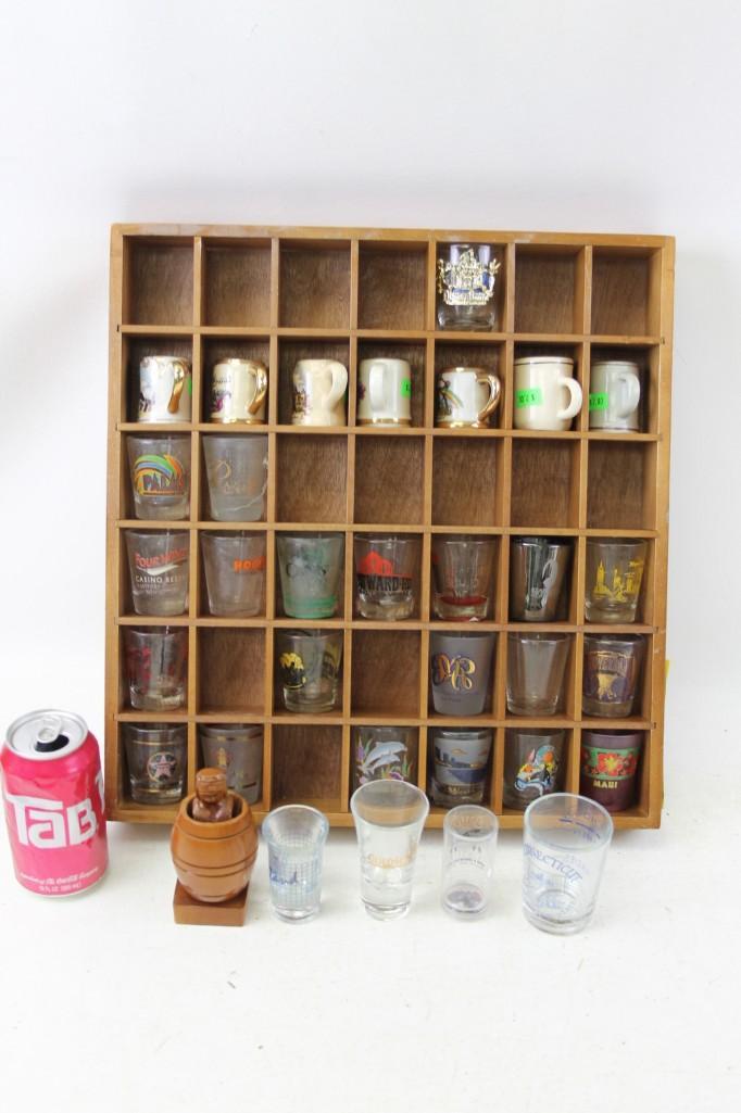 Wooden Shot Glass Case full of shot glasses, etc. (1 of 3)