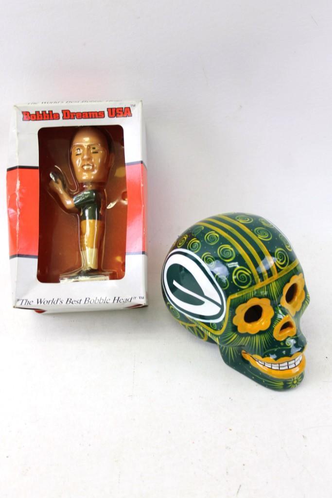 Max McGee Bobble Head and Green Bay Packers Sugar Skull: Bobble Dreams USA Max McGee Bobble Head in Original Package and Ceramic Green Bay Packers Sugar Skull