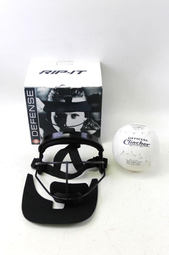 Sports Lot incl Rip It Defense Mask and an Official: Sports Lot incl Rip It Defense Mask in Original Box and an Official Clincher Softball