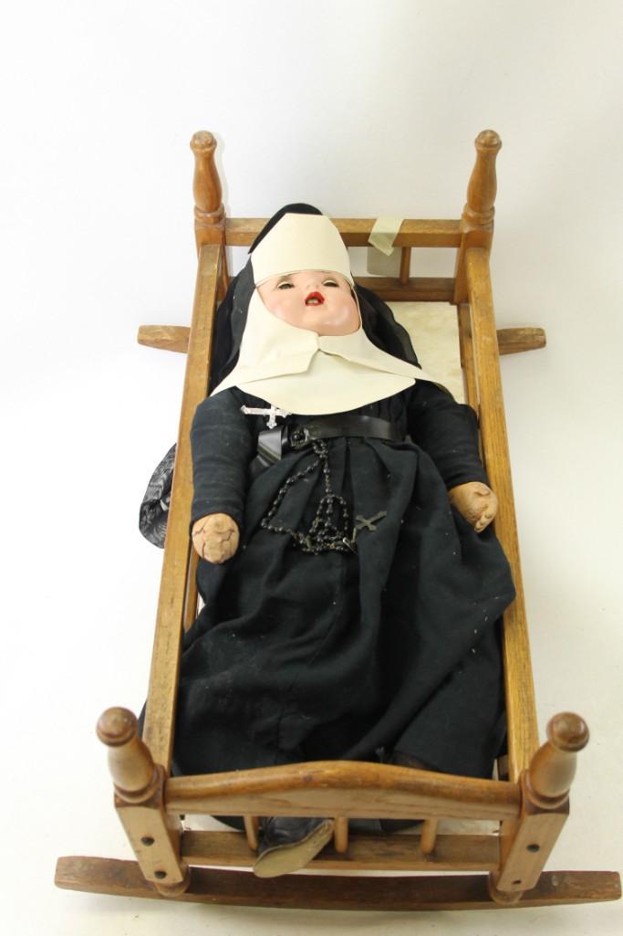 Vintage Nun Doll with Wooden Doll Cradle (1 of 5)