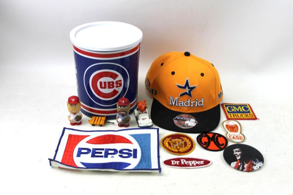 Lot of Smalls incl Patches , Madrid Hat , Cubs Bucket ,: Lot of Smalls incl Patches , Madrid Hat , Cubs Bucket , Elvis Pin , a large Pepsi embroidered patch , etc