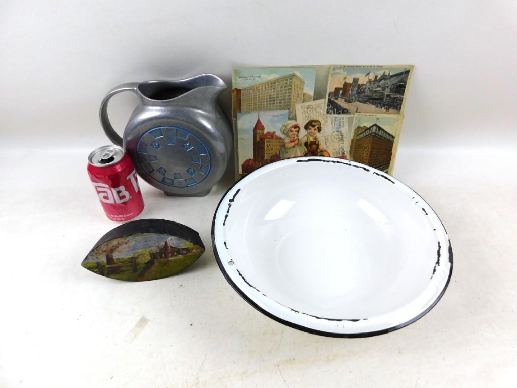 Misc. Lot Metal Pitcher, Old Postcards, Painted Iron, (1 of 4)