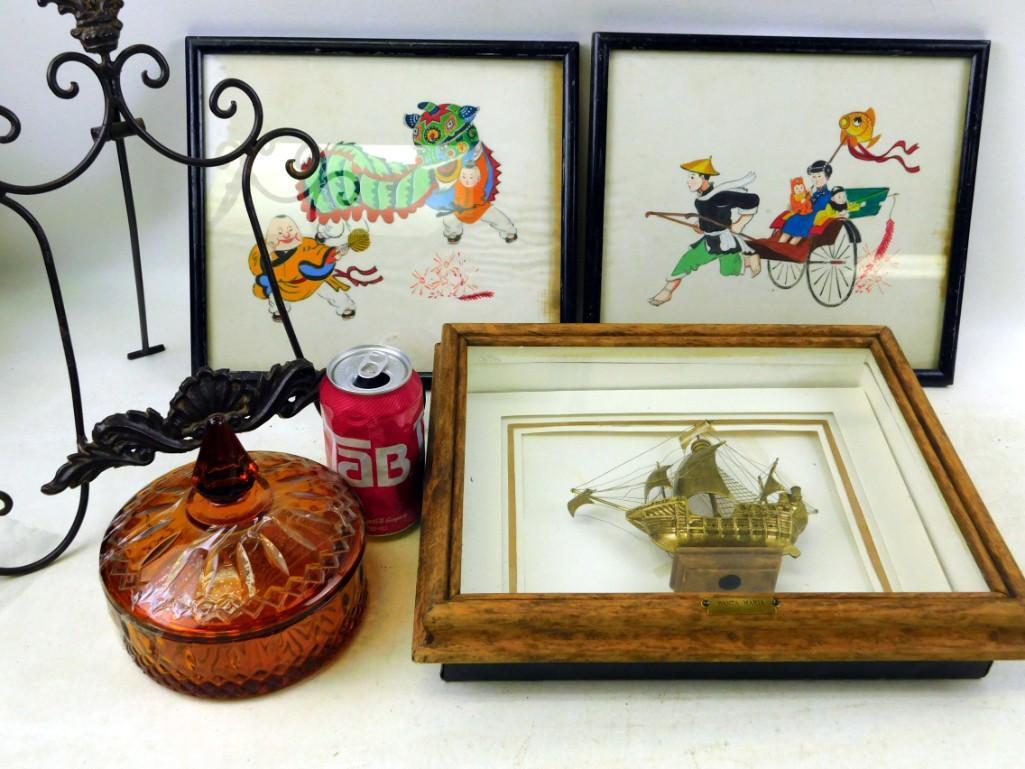 Misc. Lot Asian Art including 3D ship, Candy Dish, (1 of 2)