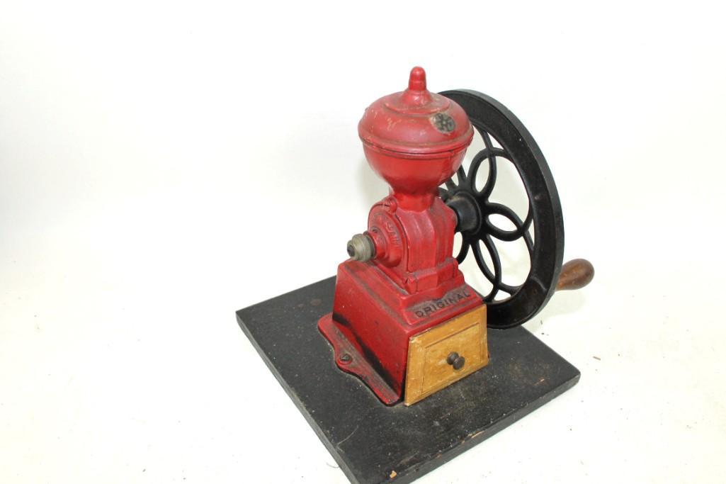 Red Cast Iron Coffee Grinder with Wooden Drawer (1 of 8)