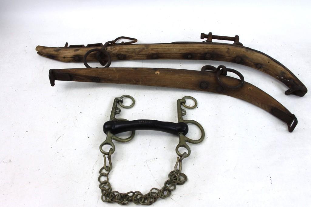 3 Pieces of Horse Tack: 3 Pieces of Horse Tack Condition: The wood items have holes drilled through them because they were hung on the wall