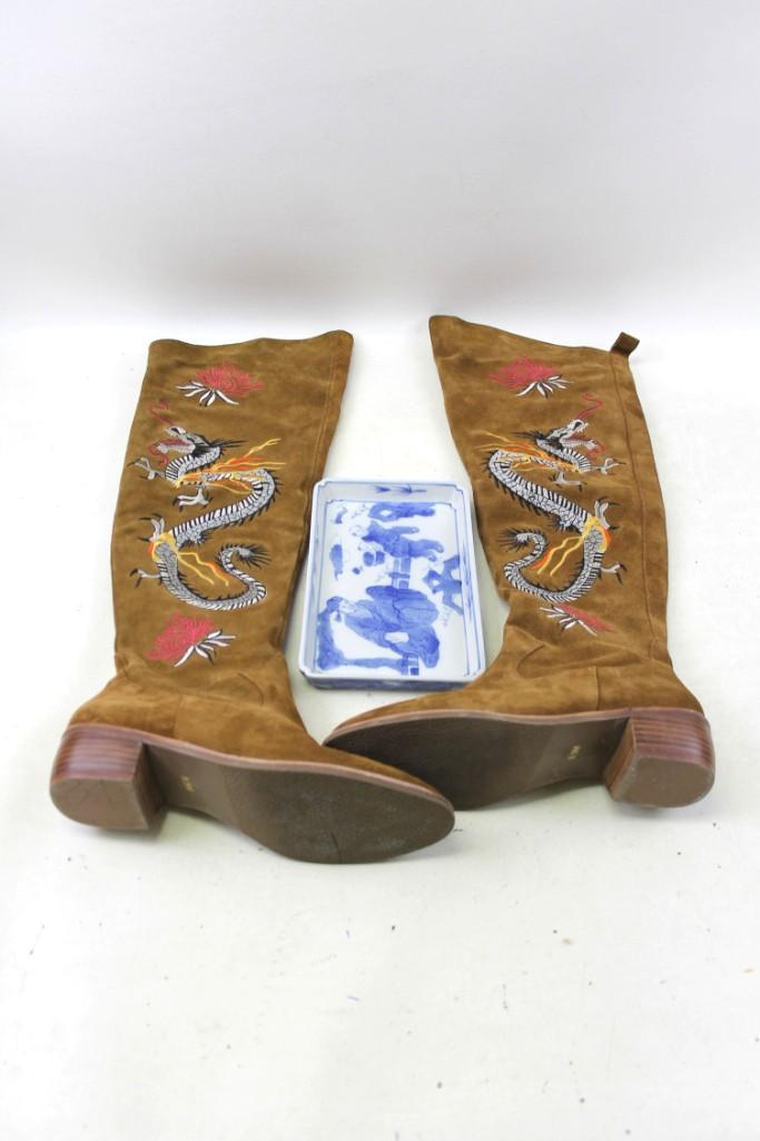 Pair of Women's Leather Boots Size 8.5: Pair of Women's Leather Boots Size 8.5 , Lightly Worn , Dragon Design , Plus an Asian Design Ceramic Tray