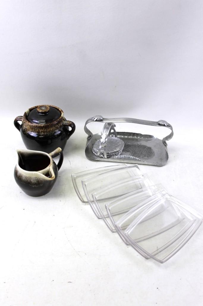 Vintage Lot incl Drip Glaze Bean Pot , Drip Glaze Small: Vintage Lot incl Small Drip Glaze Bean Pot , Drip Glaze Small Pitcher , Hammered Aluminum Coasters , Snack Trays
