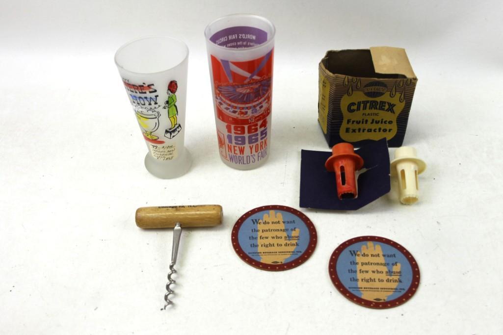 New York Worlds Fair Glass , Wine Opener , Here's How: 1964 1965 New York Worlds Fair Glass or Tumbler , Wine Opener , Here's How Frosted Footed Glass , Coasters , etc