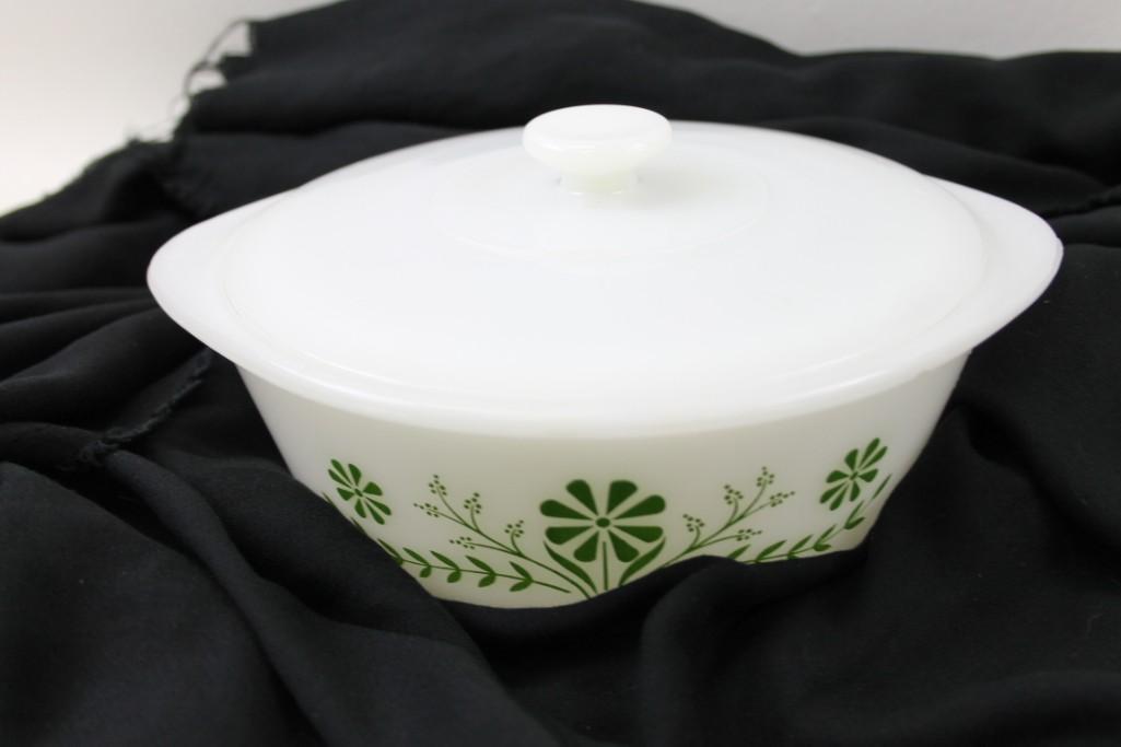 Vintage Jeannette Glasbake Green Daisy Casserole with: Vintage Jeannette Glasbake Green Daisy Casserole with Lid 1 1/2 Quart