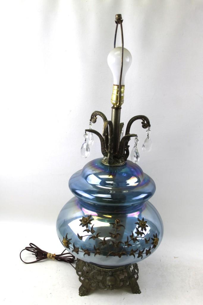 Large Vintage Table Lamp with Iridescent Blue Glass (1 of 6)