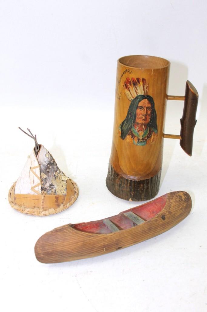 Lot of 3 Native American Items 1930's Wood Cup, (1 of 5)