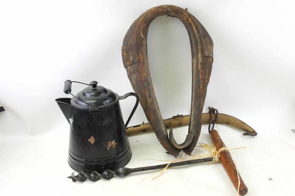Misc Western Lot incl Horse Collar , Coffee Pot , Auger (1 of 8)